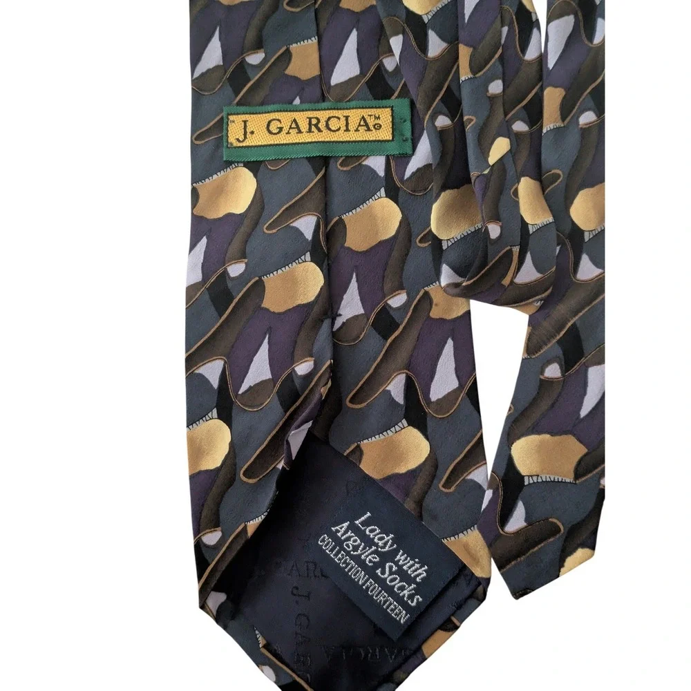 J. Garcia Silk Tie Collection Lady with Argyle Socks Abstract Grey Purple Gold